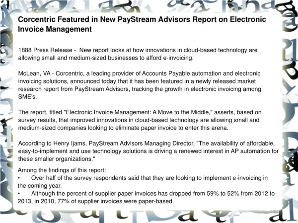 Corcentric Featured in New PayStream Advisors Report
