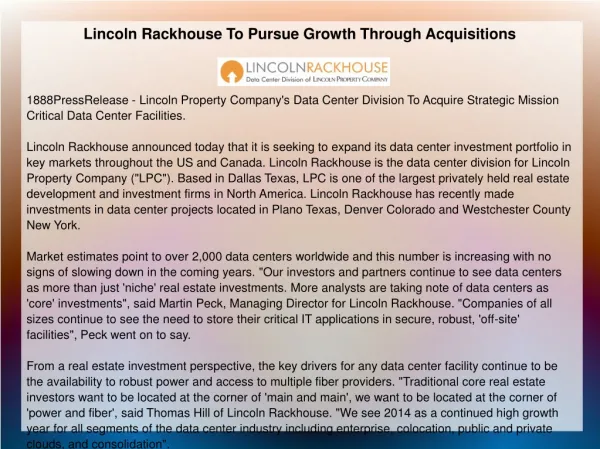 Lincoln Rackhouse To Pursue Growth Through Acquisitions