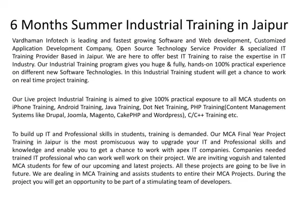 6 Months Summer Industrial Training in Jaipur For MCA