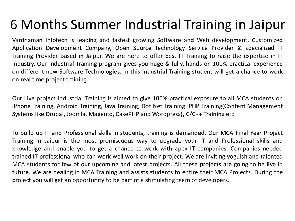 6 months summer industrial training in jaipur