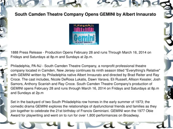 South Camden Theatre Company Opens GEMINI by Albert Innaurat