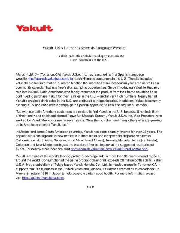 Yakult USA Launches Spanish Website