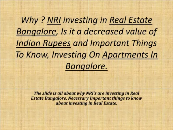 Nri Investments on real estate bangalore