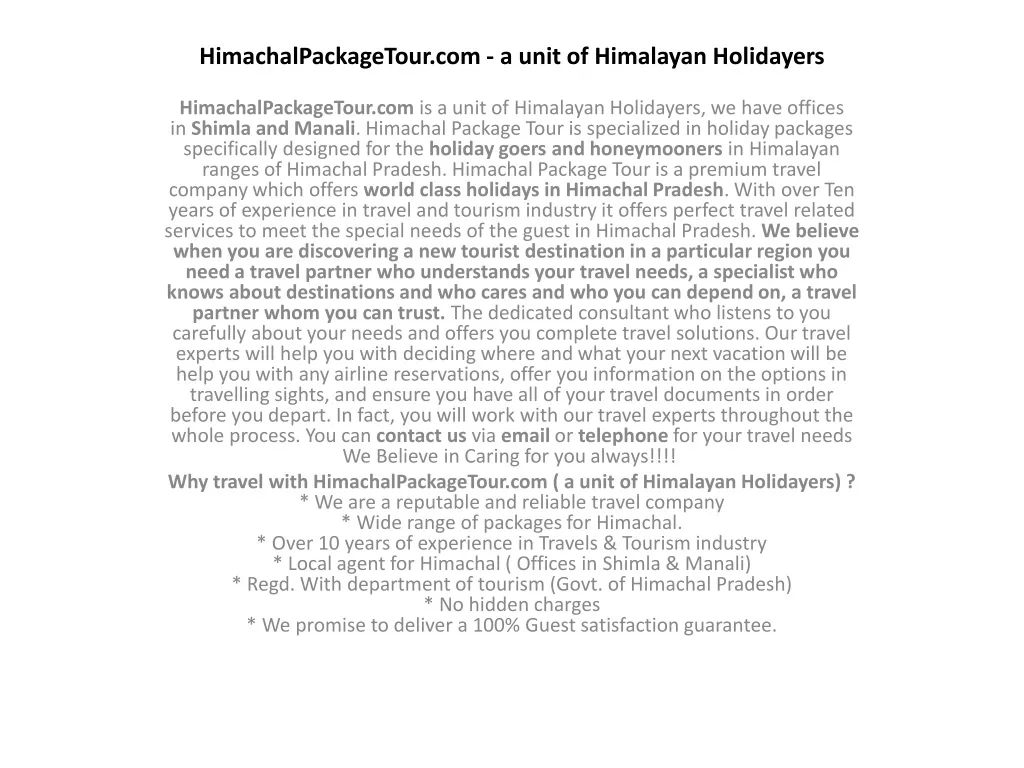 himachalpackagetour com a unit of himalayan holidayers