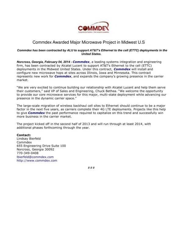 Commdex Awarded Major Microwave Project in Midwest U.S