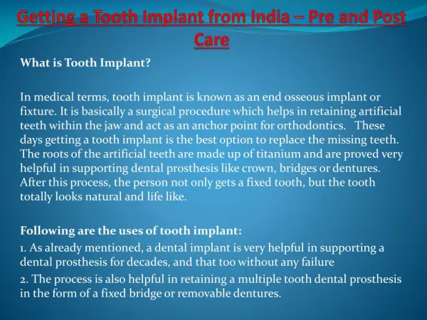 Getting a Tooth Implant from India – Pre and Post Care