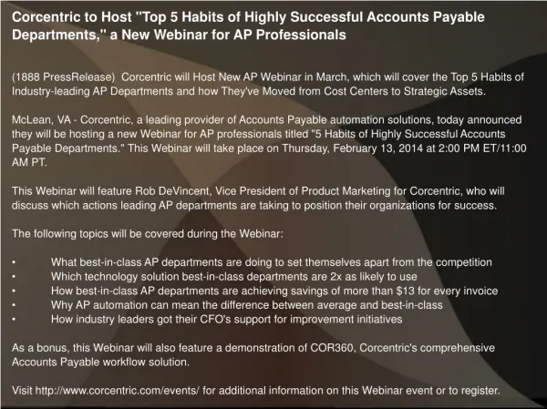 Corcentric to Host "Top 5 Habits of Highly Successful