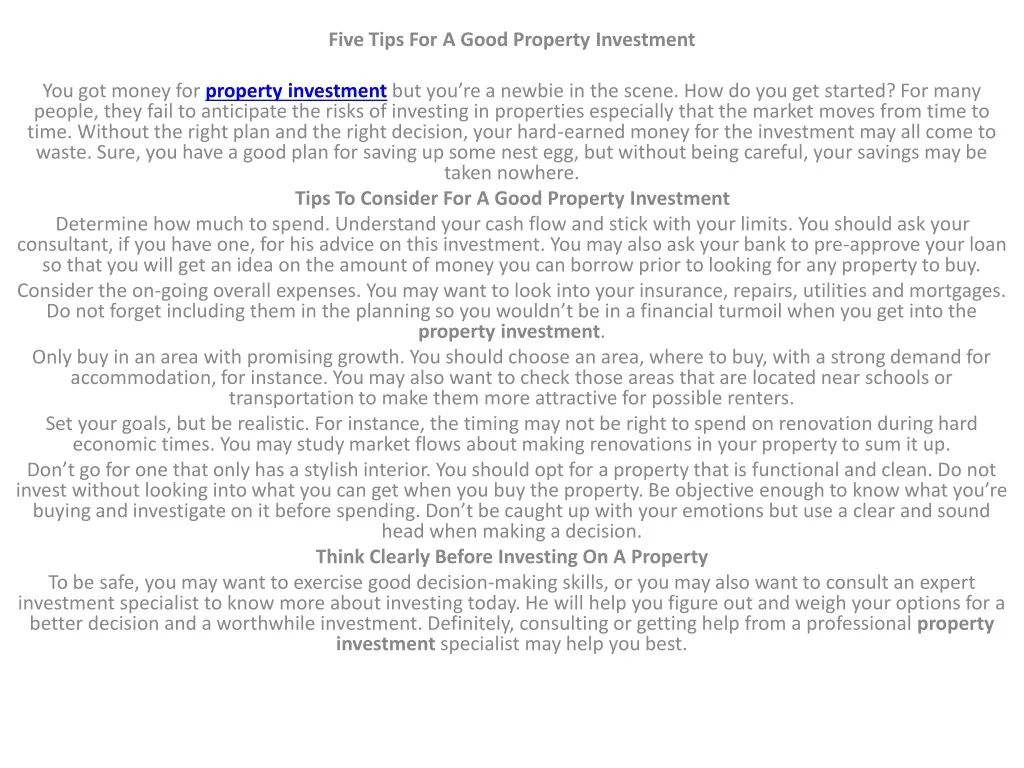 five tips for a good property investment