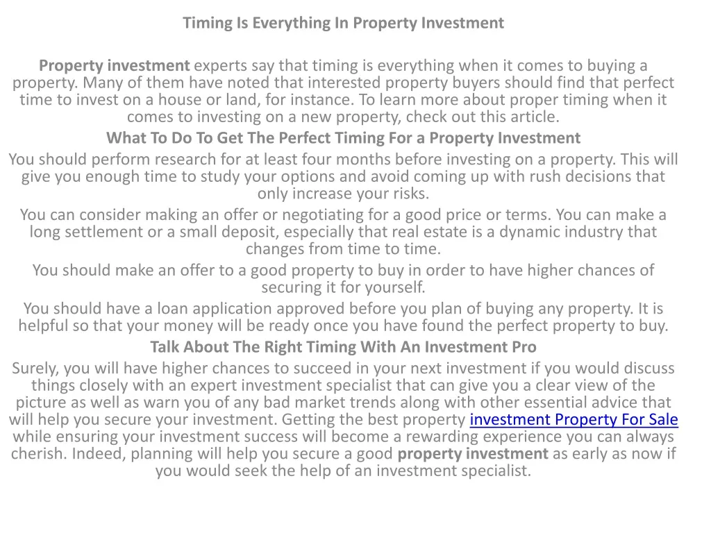 timing is everything in property investment