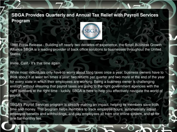 SBGA Provides Quarterly and Annual Tax Relief with Payroll
