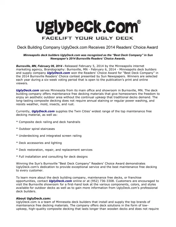 Deck Building Company UglyDeck.com Receives 2014 Readers’ Ch