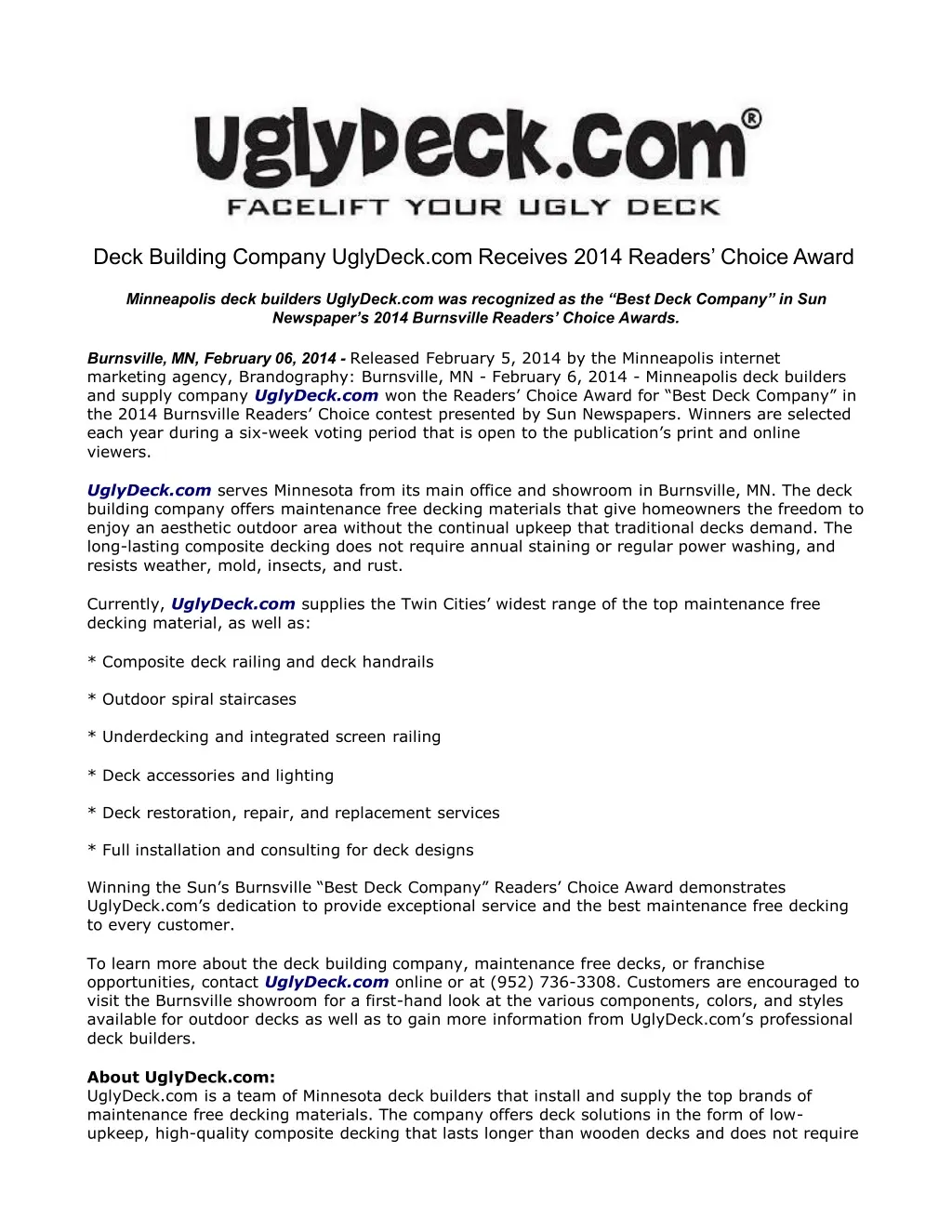 deck building company uglydeck com receives 2014