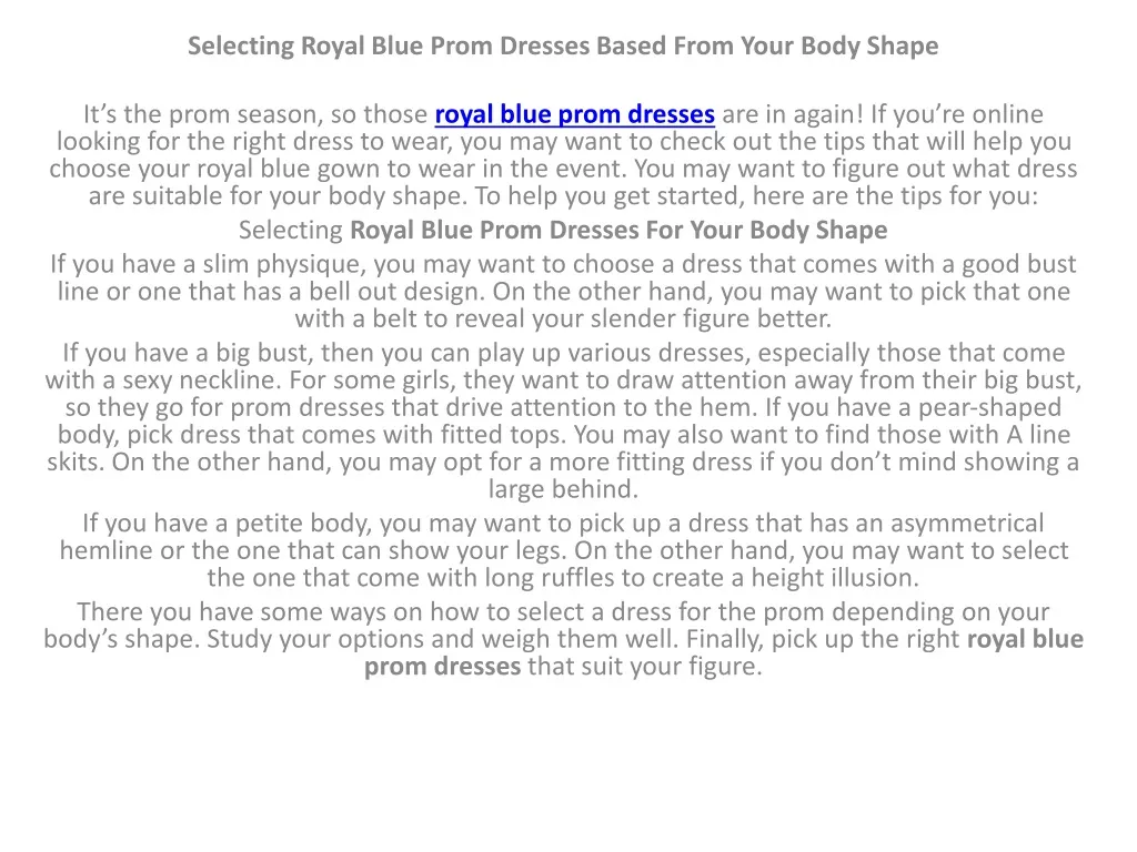 selecting royal blue prom dresses based from your