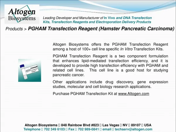 Products &gt; PGHAM Transfection Reagent (Hamster Pancreatic Carcinoma)