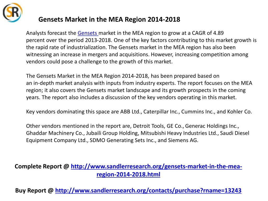 gensets market in the mea region 2014 2018