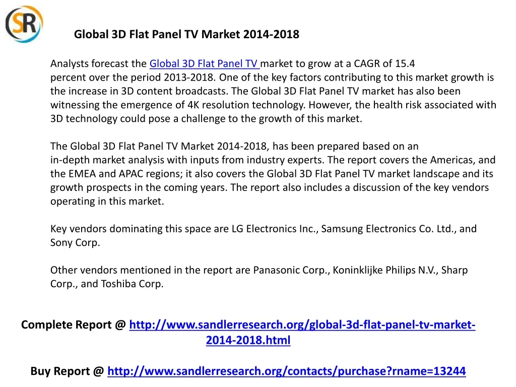 global 3d flat panel tv market 2014 2018