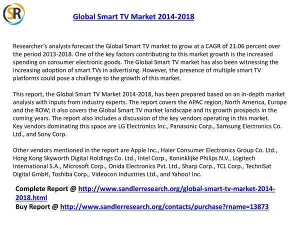 Global Smart TV Market Forecasts 2014-2018