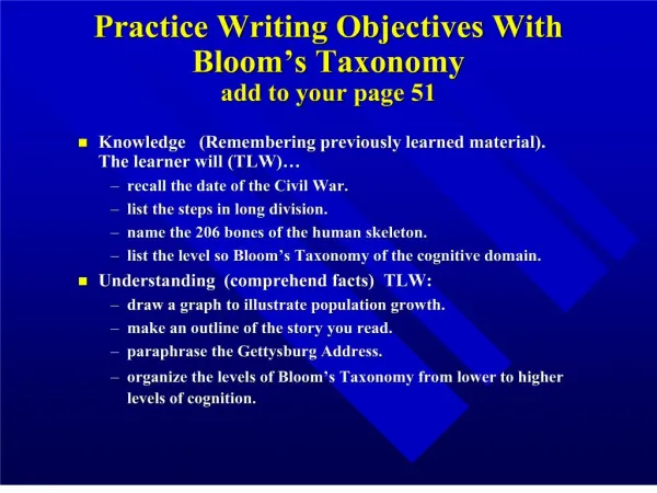 practice writing objectives with bloom s taxonomy add to your page 51