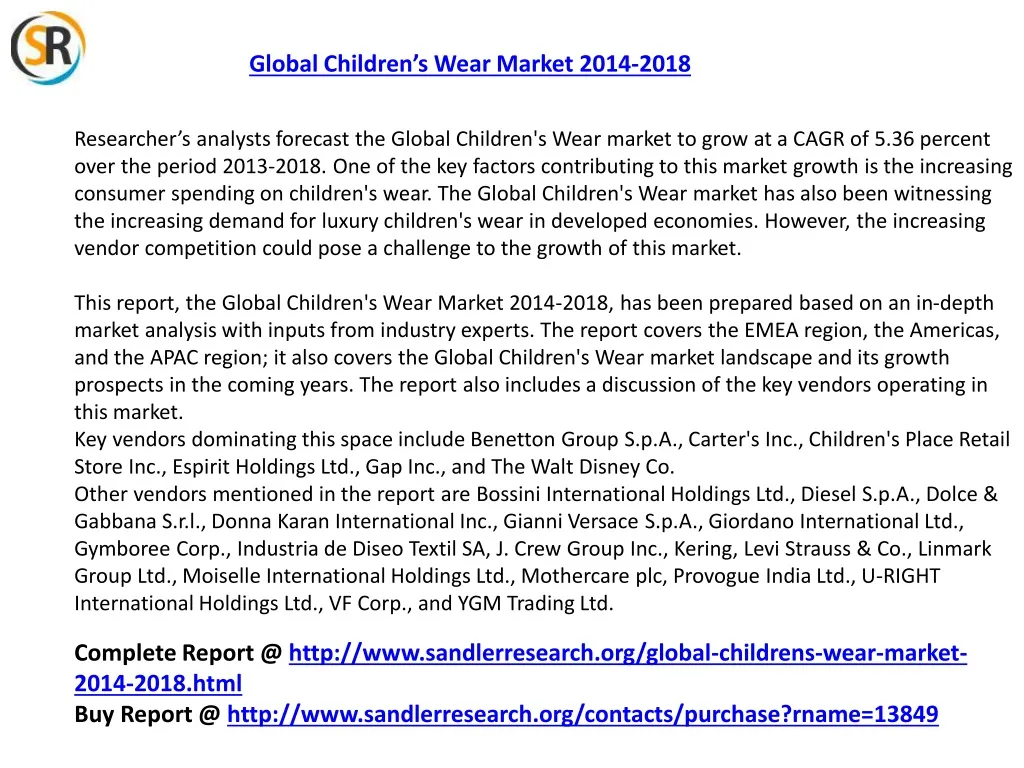 global children s wear market 2014 2018