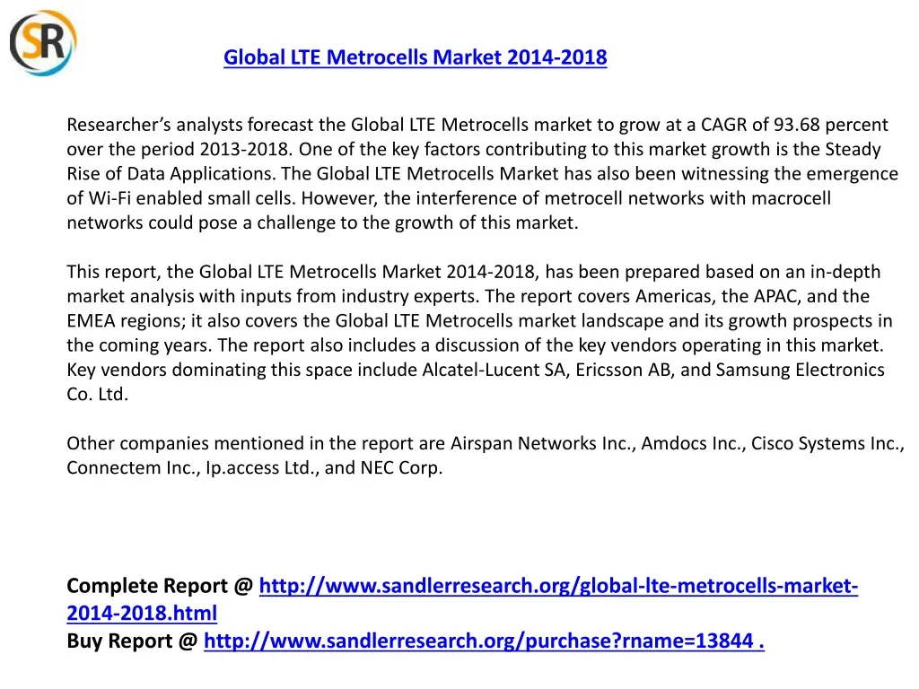global lte metrocells market 2014 2018