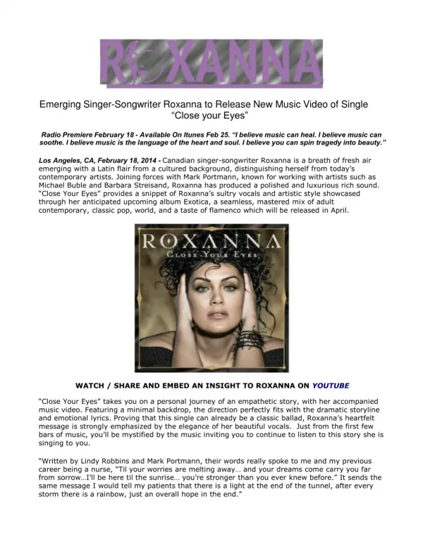 Emerging Singer-Songwriter Roxanna to Release New Music Vide