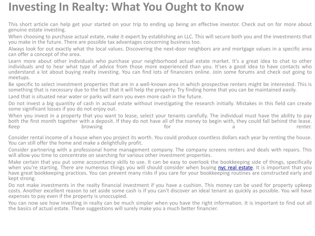 investing in realty what you ought to know this