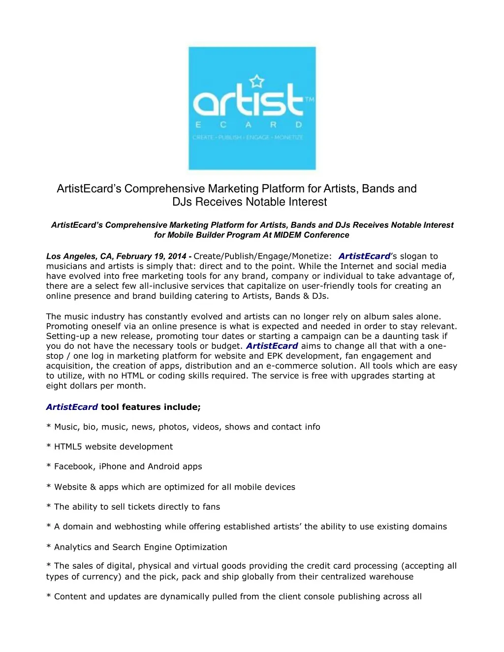 artistecard s comprehensive marketing platform