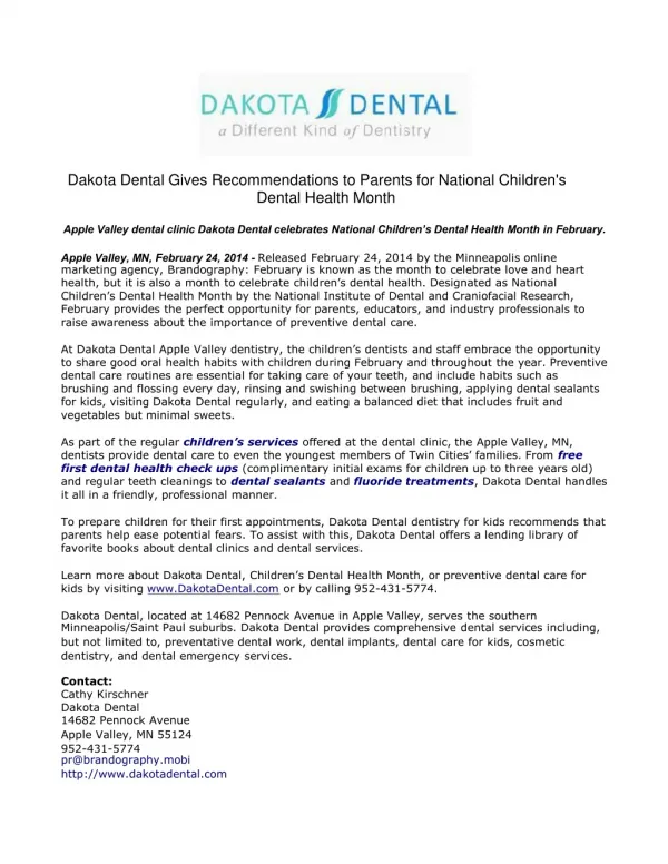 Dakota Dental Gives Recommendations to Parents for National