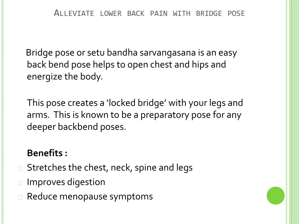alleviate lower back pain with bridge pose