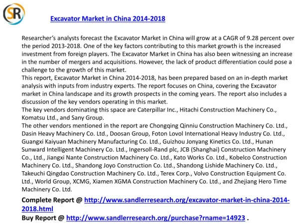 China Excavator Market 2018 Forecast