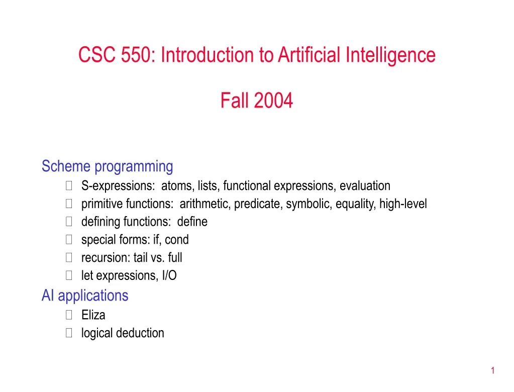 csc 550 introduction to artificial intelligence fall 2004