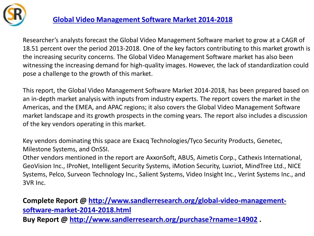 global video management software market 2014 2018