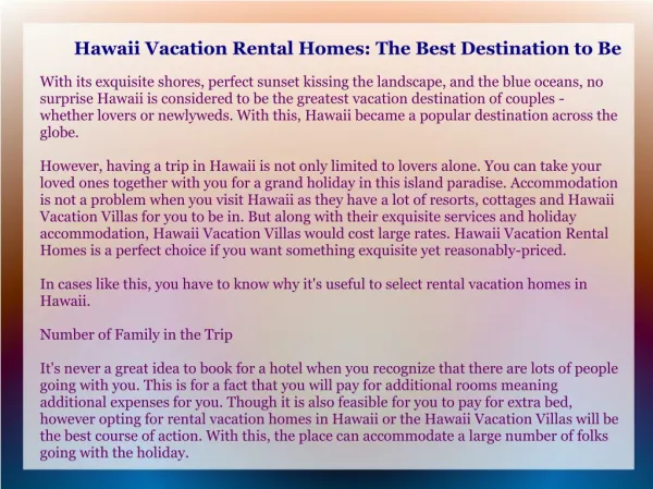 Hawaii Vacation Rental Homes: The Best Destination to Be