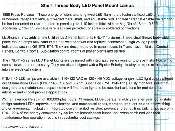 Short Thread Body LED Panel Mount Lamps