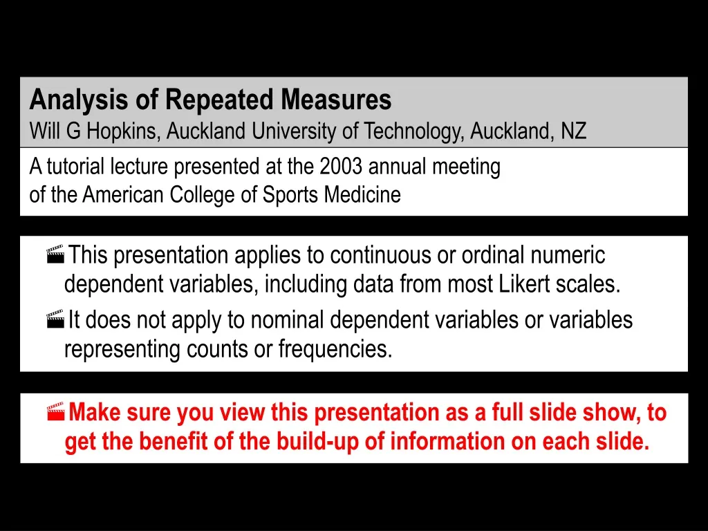 analysis of repeated measures will g hopkins auckland university of technology auckland nz