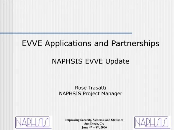 EVVE Applications and Partnerships NAPHSIS EVVE Update Rose Trasatti NAPHSIS Project Manager