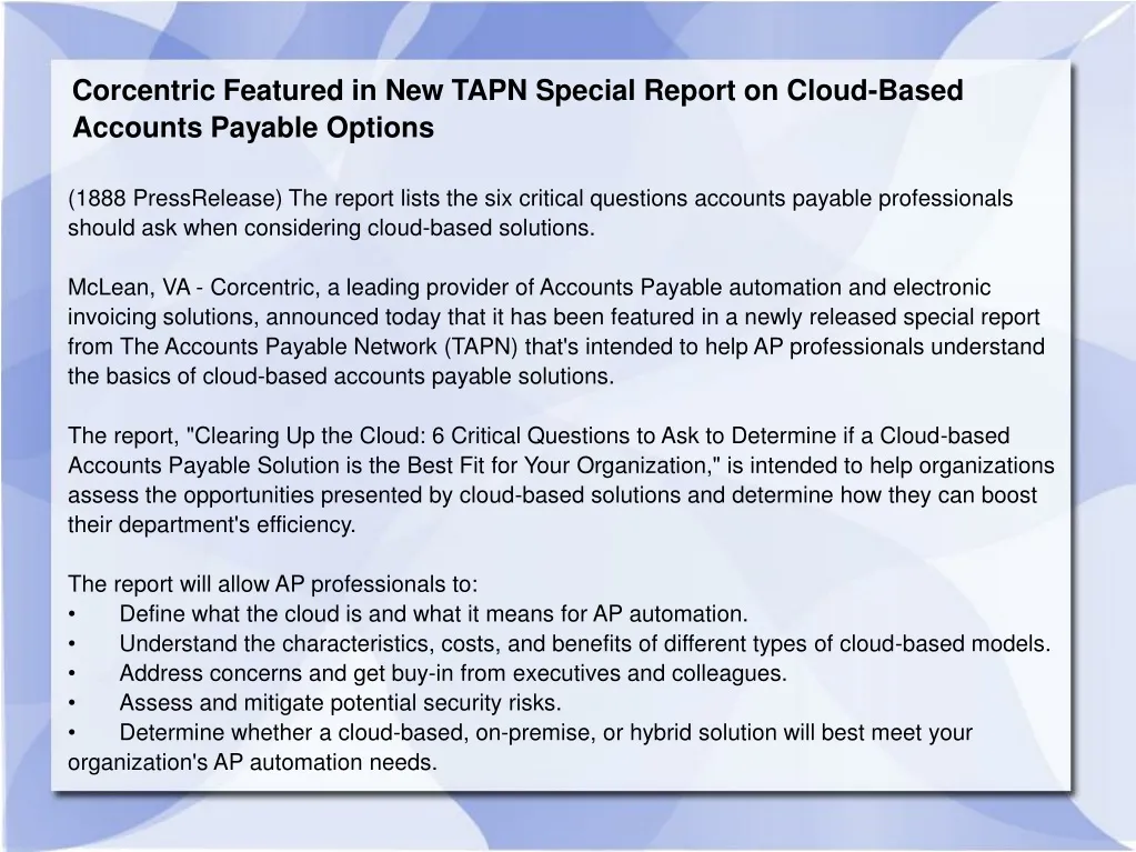 corcentric featured in new tapn special report