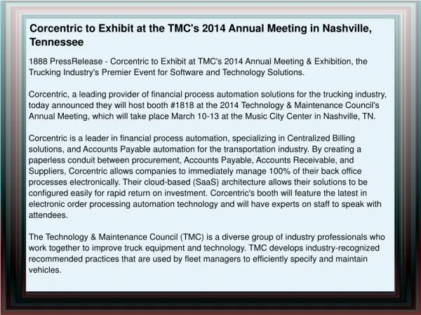 Corcentric to Exhibit at the TMC's 2014 Annual Meeting