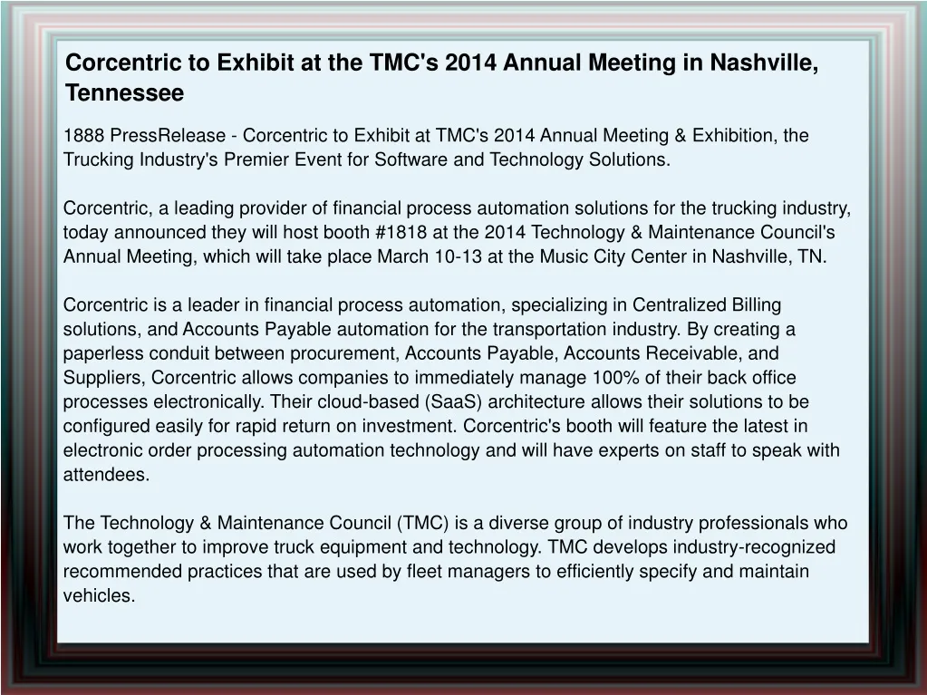 corcentric to exhibit at the tmc s 2014 annual