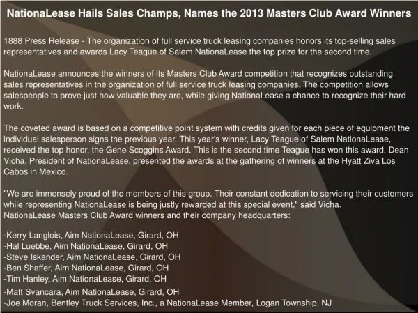 NationaLease Hails Sales Champs, Names the 2013 Masters