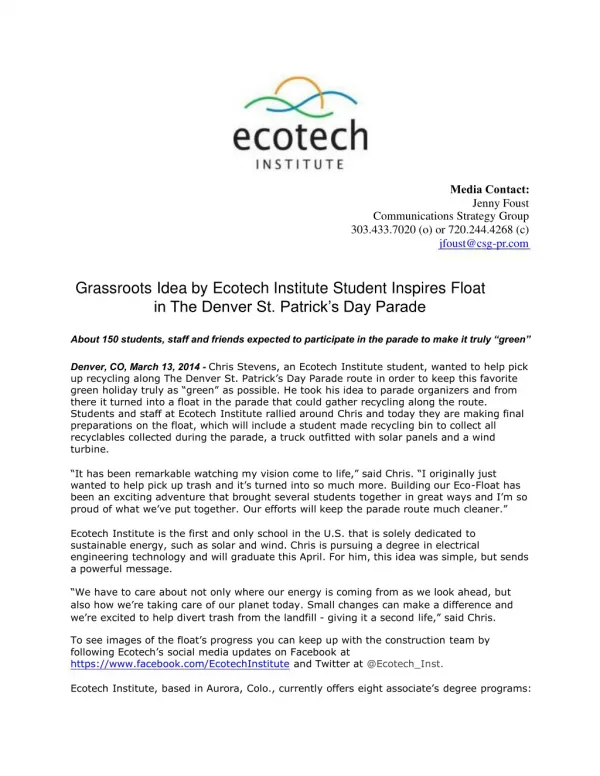 Grassroots Idea by Ecotech Institute Student Inspires Float