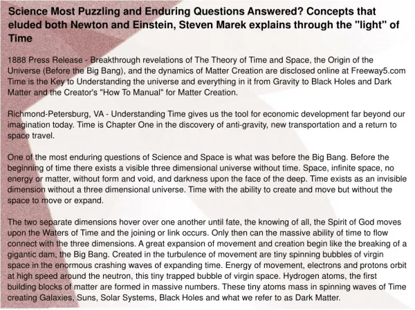 Science Most Puzzling and Enduring Questions Answered?