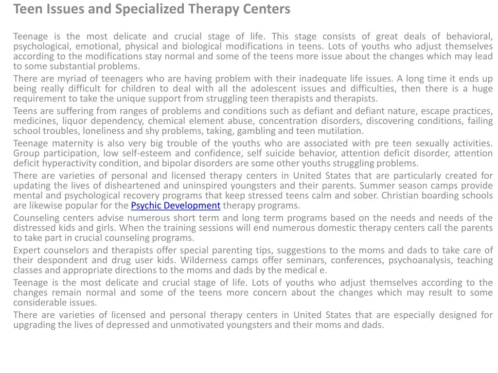 teen issues and specialized therapy centers
