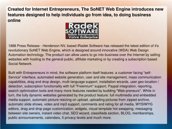 Created for Internet Entrepreneurs, The SoNET Web Engine
