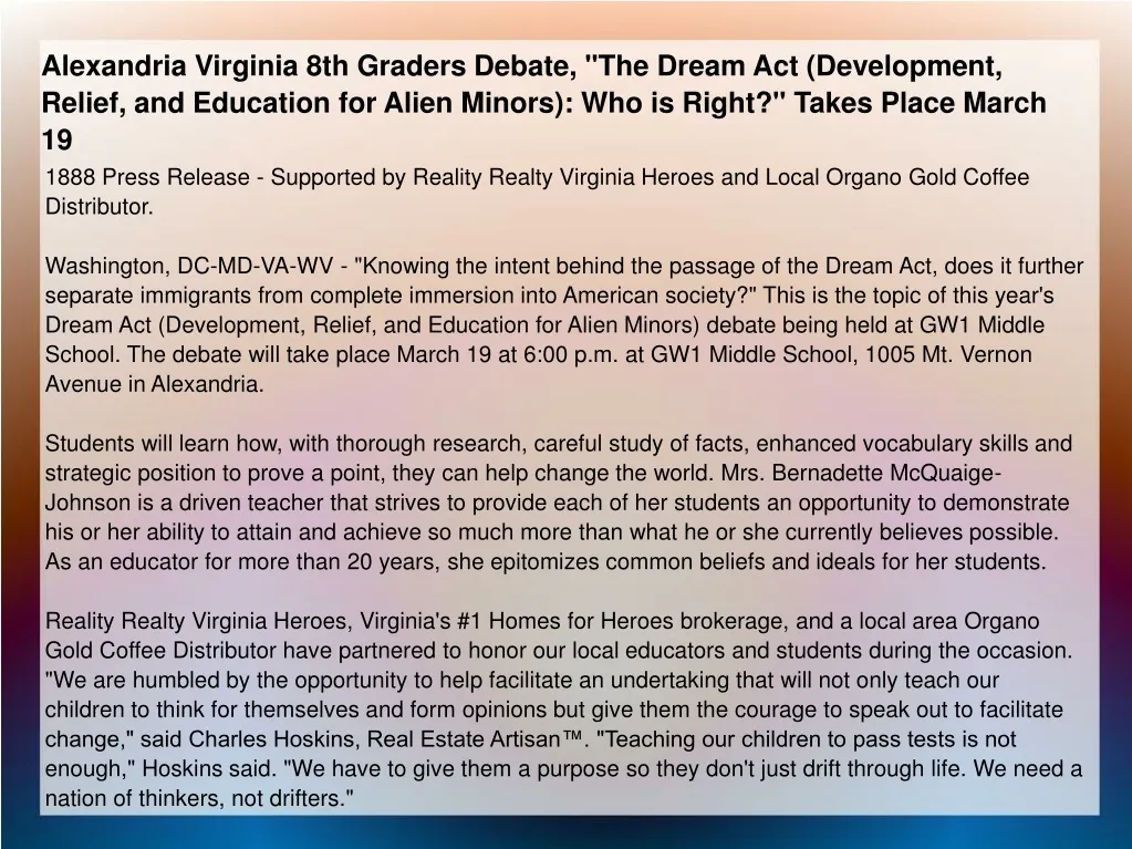 alexandria virginia 8th graders debate the dream
