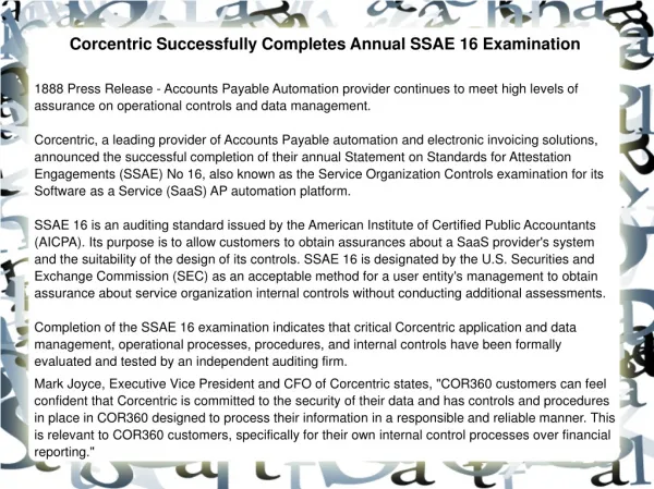 Corcentric Successfully Completes Annual SSAE 16 Examination