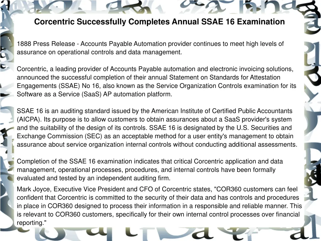 corcentric successfully completes annual ssae