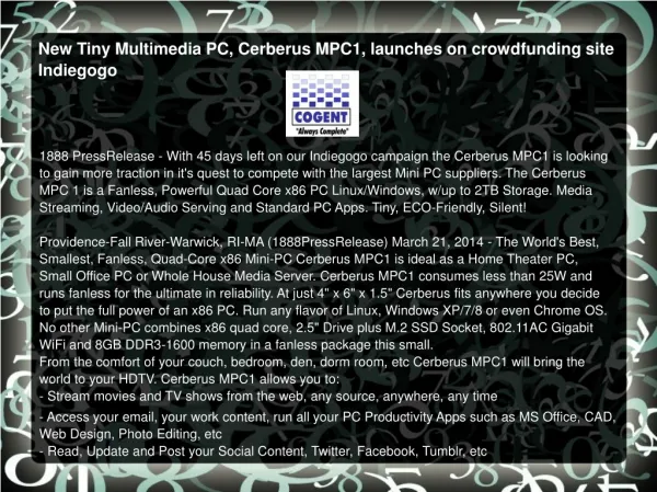 New Tiny Multimedia PC, Cerberus MPC1, launches