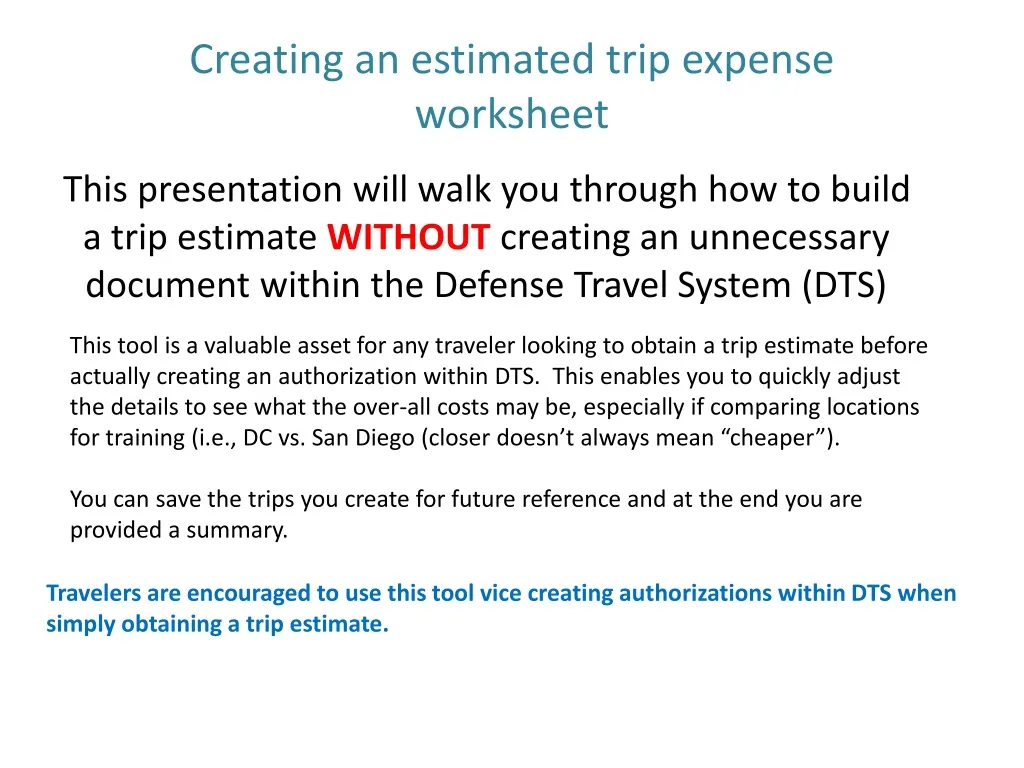 creating an estimated trip expense worksheet