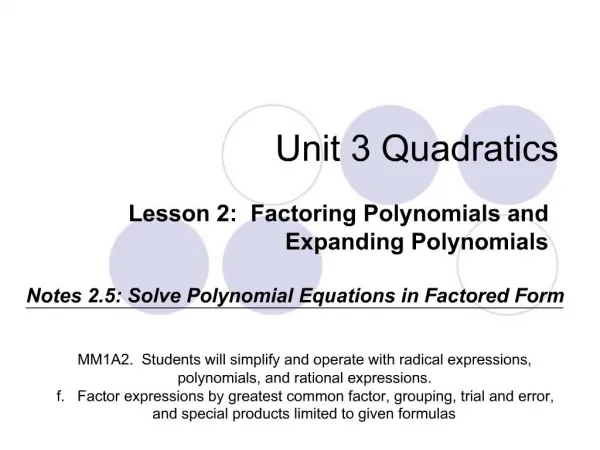 Unit 3 Quadratics
